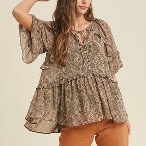 Wishlist Apparel "Trish" Babydoll Paisley Top Olive Sheer Ruffle Detail Sz Small